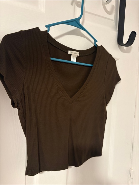 Bozzolo Tops - Bozzolo Brown Ribbed V-Neck Crop Top